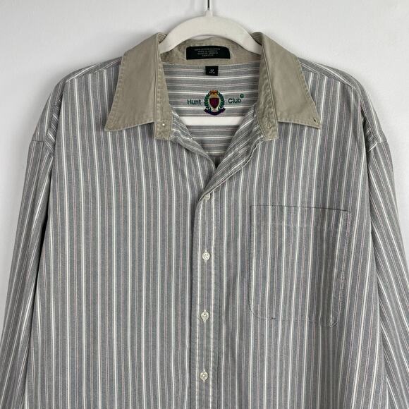 Vintage 90s Mens Striped Button Up Shirt 17 Green Tan Contrast Collar Retro Prep - Picture 15 of 16